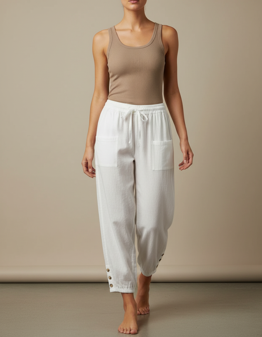 Pantalon Fluide Blanc Ample Coton Lin Boutonné Décontracté