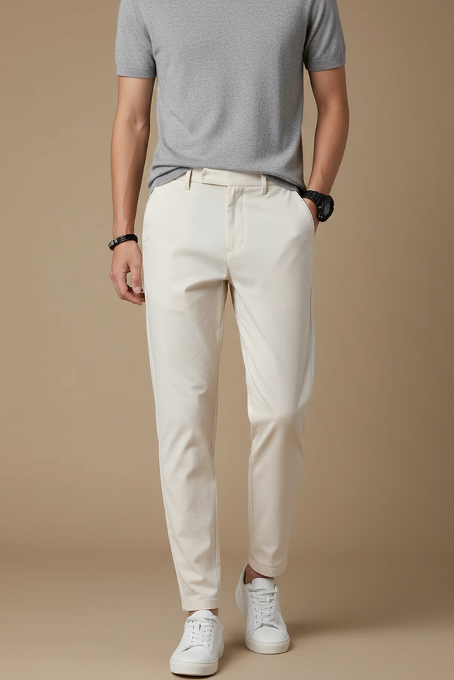 Pantalon Fluide Beige Coton Slim Homme Décontracté