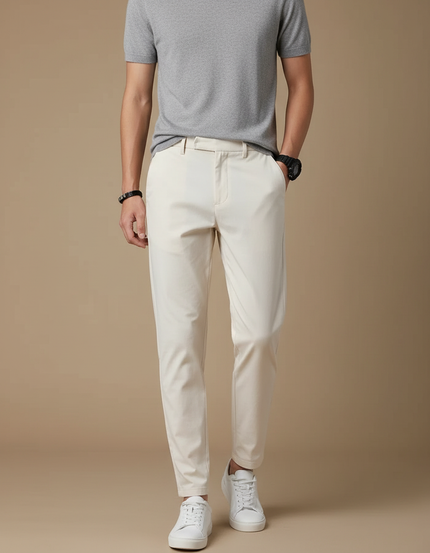 Pantalon Fluide Beige Coton Slim Homme Décontracté