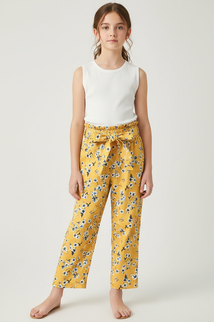 Pantalon Fluide Jaune Floral Ample Fille Décontracté - Viscose
