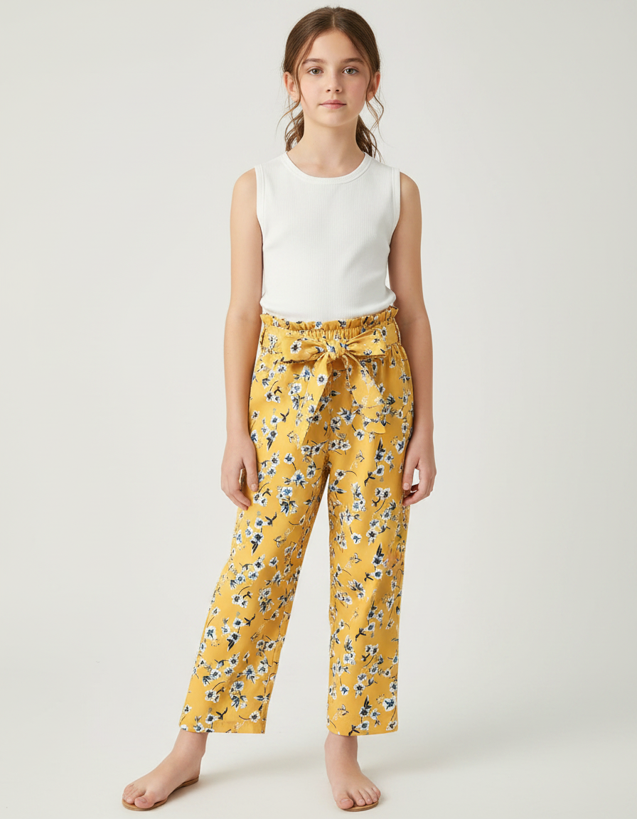 Pantalon Fluide Jaune Floral Ample Fille Décontracté - Viscose