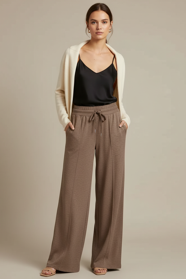 Pantalon Fluide Marron Ample Décontracté Cordon Poches - Molleton