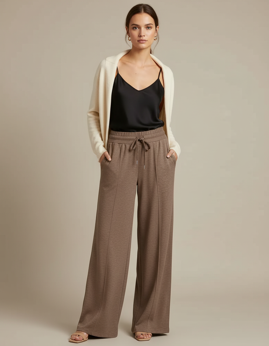 Pantalon Fluide Marron Ample Décontracté Cordon Poches - Molleton
