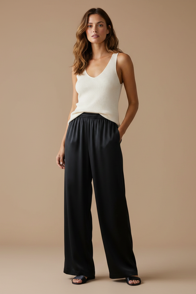 Pantalon Fluide Noir Satiné Ample Décontracté Élégant