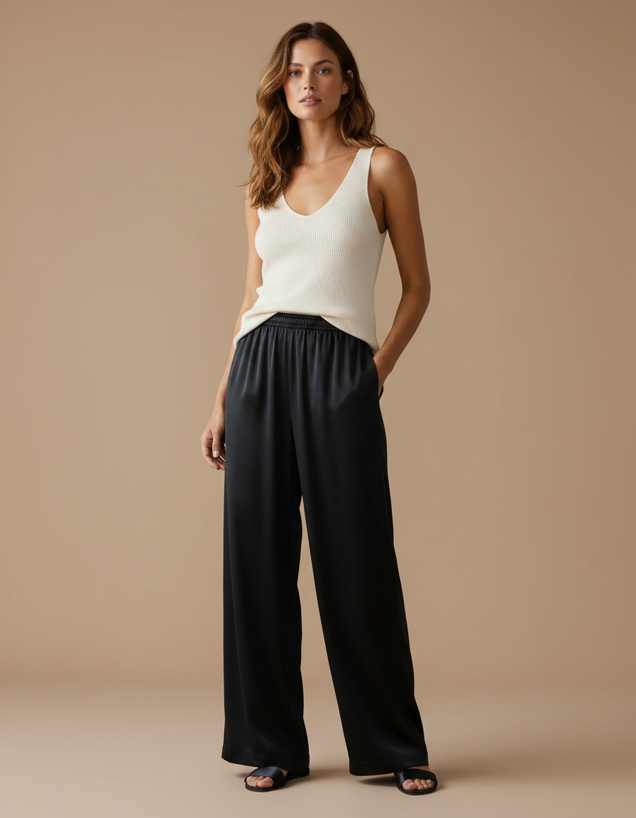 Pantalon Fluide Noir Satiné Ample Décontracté Élégant