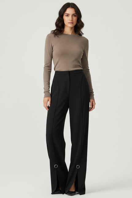 Pantalon Fluide Noir Élégant Décontracté Anneaux Métalliques - Polyester