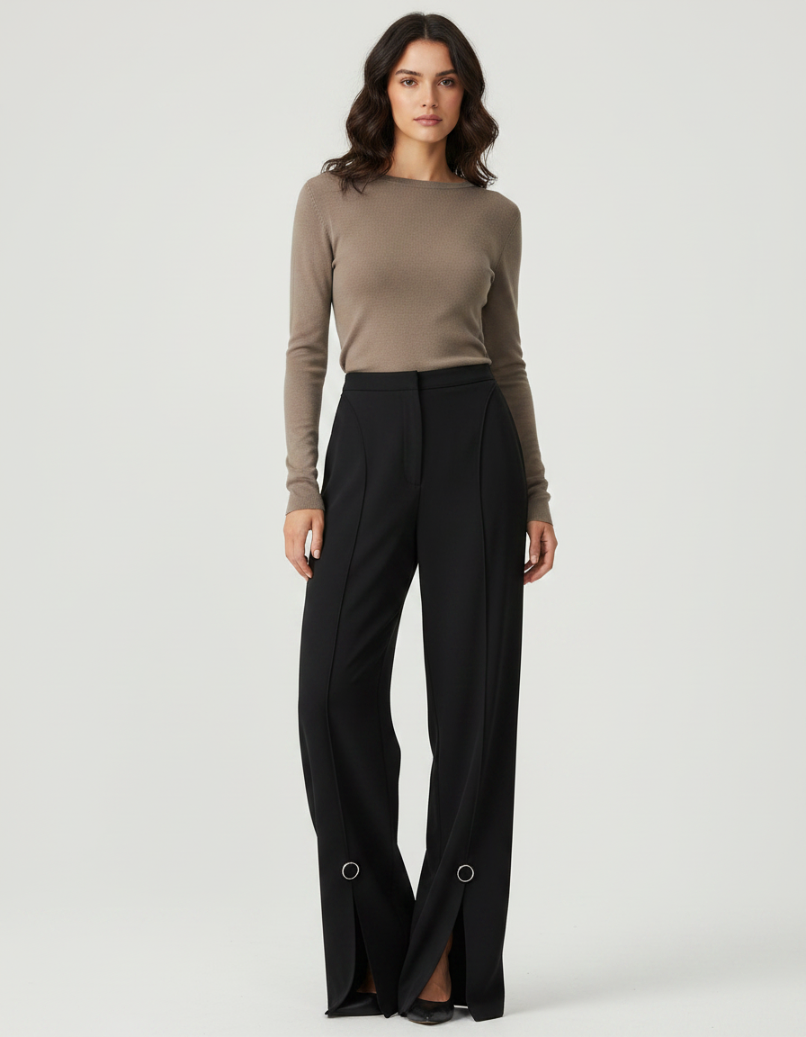 Pantalon Fluide Noir Élégant Décontracté Anneaux Métalliques - Polyester