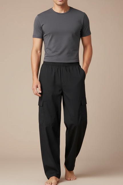 Pantalon Fluide Noir Ample Cargo Décontracté Coton