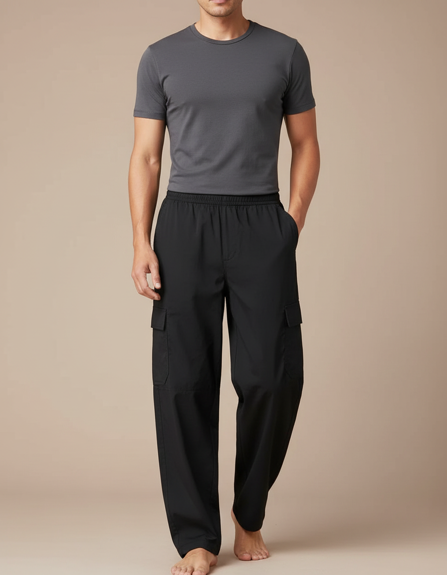 Pantalon Fluide Noir Ample Cargo Décontracté Coton
