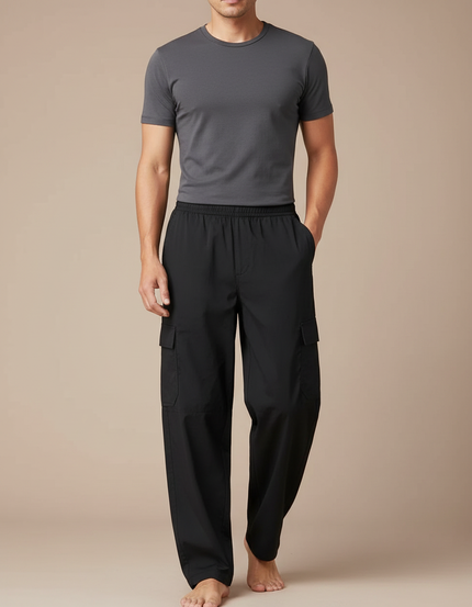 Pantalon Fluide Noir Ample Cargo Décontracté Coton