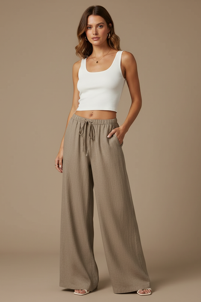 Pantalon Fluide Lin Beige Large Confortable Décontracté - Kaki