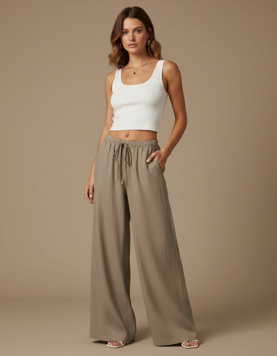 Pantalon Fluide Lin Beige Large Confortable Décontracté - Kaki