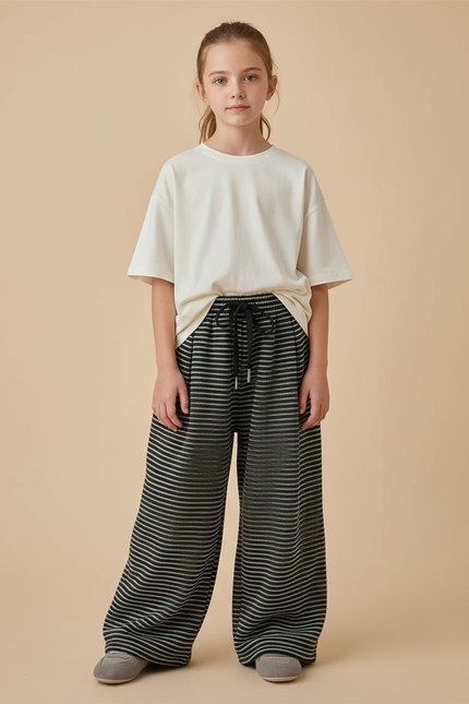Pantalon Fluide Rayé Ample Cordon Décontracté - Gris Maille