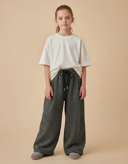 Pantalon Fluide Rayé Ample Cordon Décontracté - Gris Maille