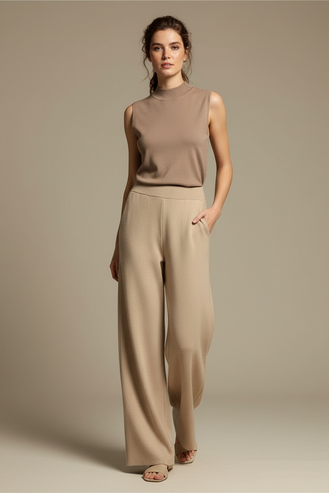 Pantalon Fluide Beige Maille Ample Élastique Confortable