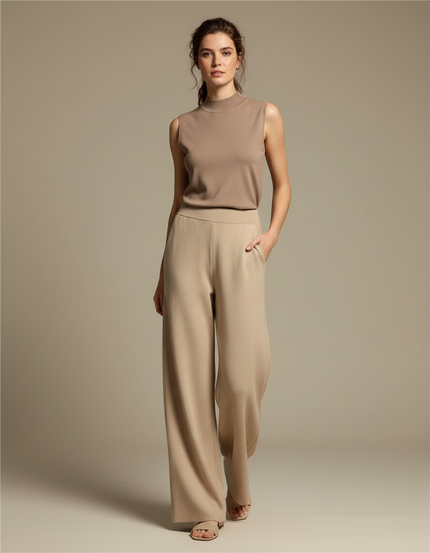 Pantalon Fluide Beige Maille Ample Élastique Confortable
