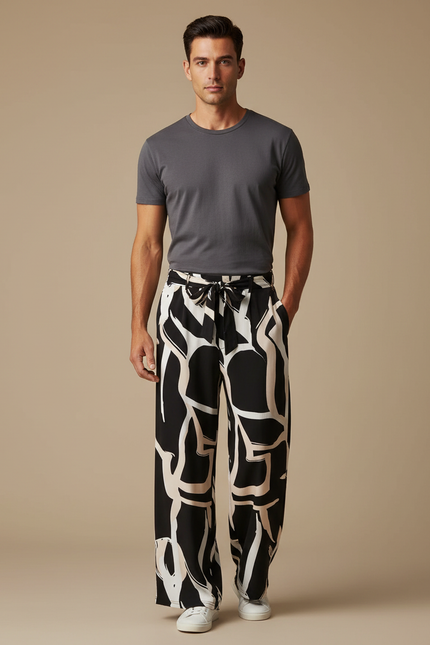 Pantalon Fluide Imprimé Abstrait Noir Blanc Ample - Viscose