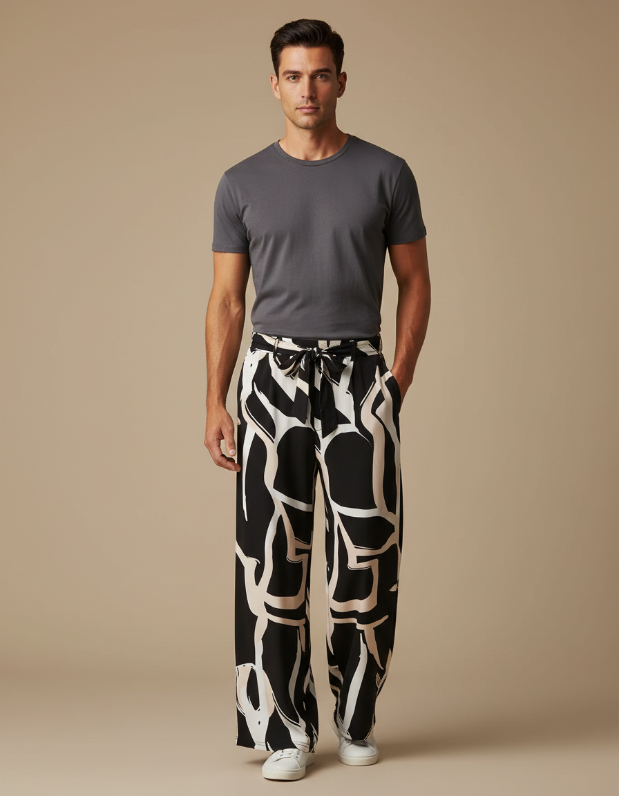 Pantalon Fluide Imprimé Abstrait Noir Blanc Ample - Viscose