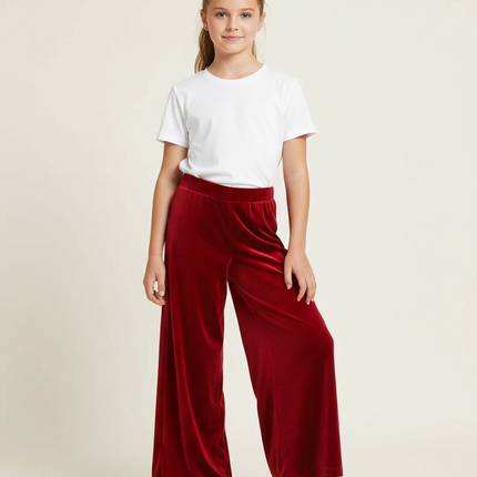 Pantalon Fluide Velours Rouge Ample Fille