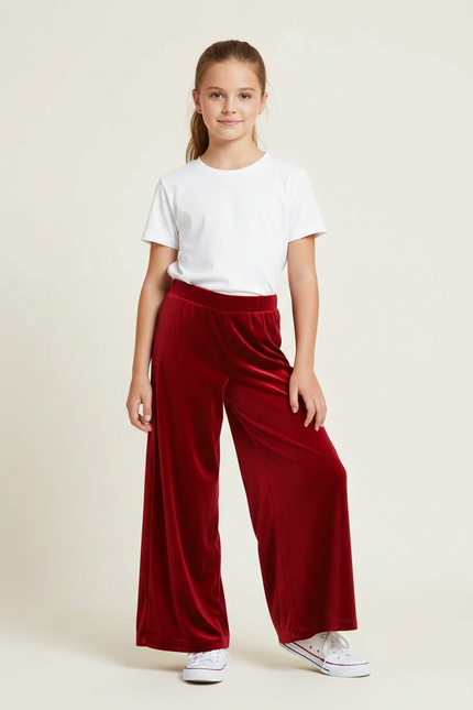 Pantalon Fluide Velours Rouge Ample Fille