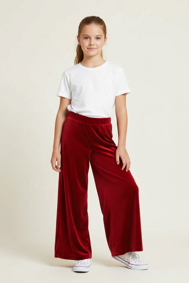 Pantalon Fluide Velours Rouge Ample Fille