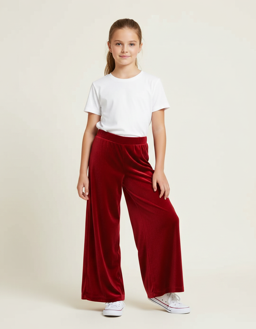 Pantalon Fluide Velours Rouge Ample Fille