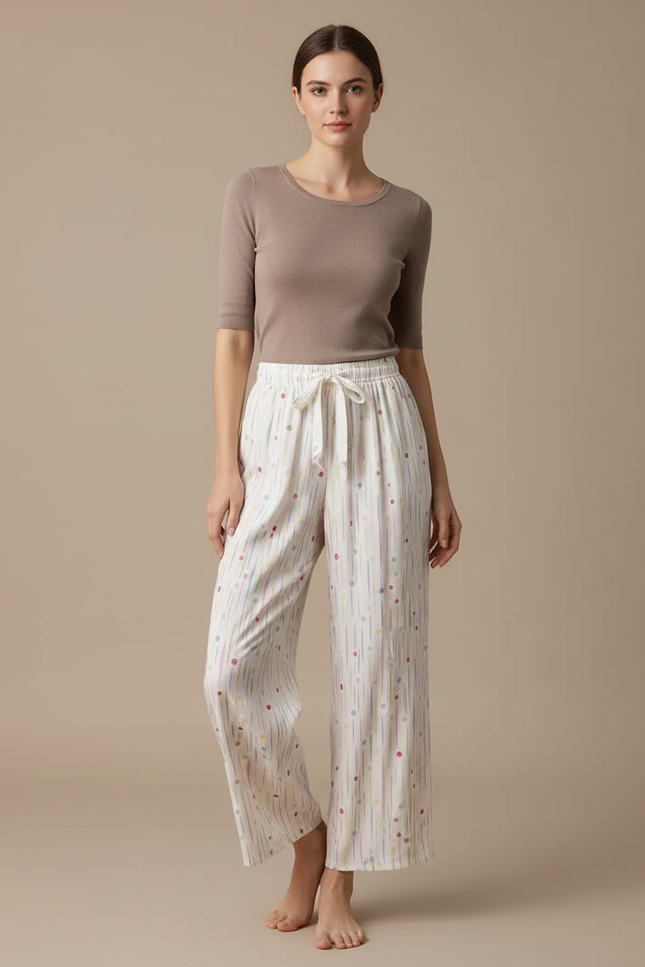 Pantalon Fluide Imprimé Rayures Points Cordon Ample - Multicolore Viscose