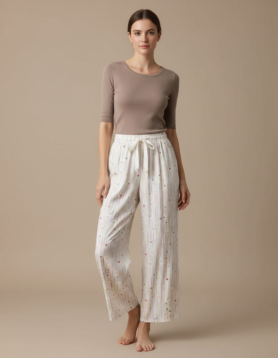 Pantalon Fluide Imprimé Rayures Points Cordon Ample - Multicolore Viscose