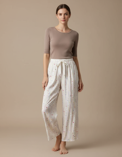 Pantalon Fluide Imprimé Rayures Points Cordon Ample - Multicolore Viscose