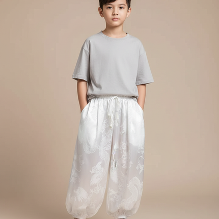 Pantalon Fluide Blanc Ample Satiné Dragon Garçon