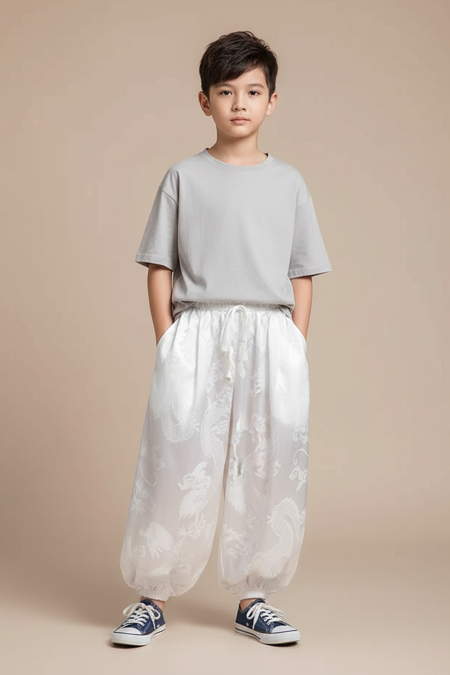 Pantalon Fluide Blanc Ample Satiné Dragon Garçon