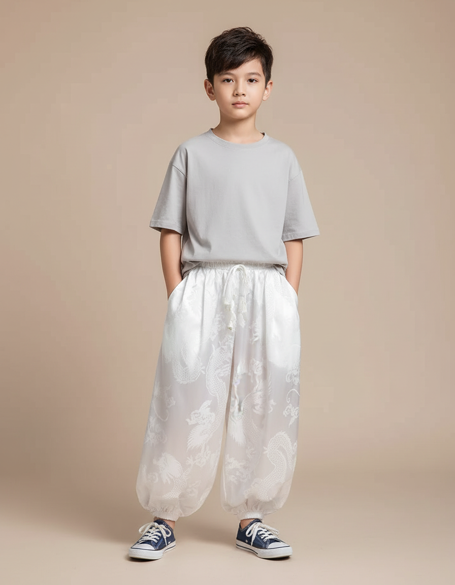 Pantalon Fluide Blanc Ample Satiné Dragon Garçon