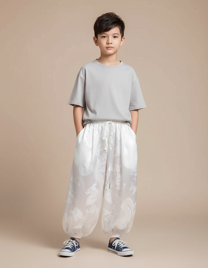 Pantalon Fluide Blanc Ample Satiné Dragon Garçon