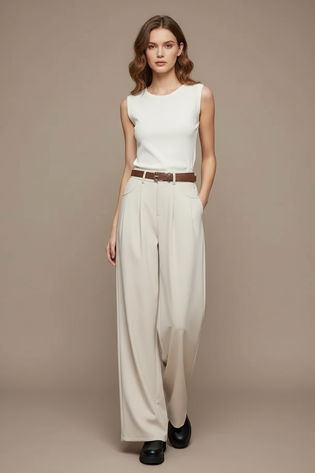 Pantalon Fluide Beige Large Taille Haute Élégant - Viscose