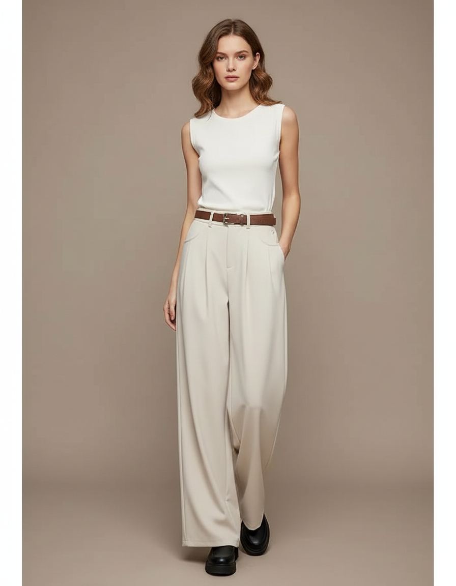Pantalon Fluide Beige Large Taille Haute Élégant - Viscose