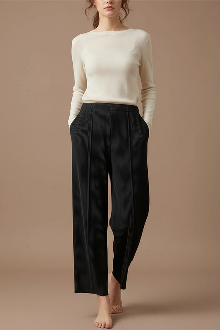 Pantalon Fluide Femme Noir Palazzo Polyester Chic Mi-saison 2