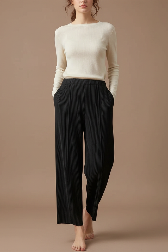 Pantalon Fluide Femme Noir Palazzo Polyester Chic Mi-saison 2