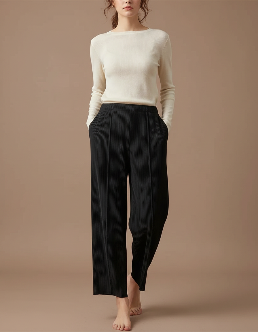 Pantalon Fluide Femme Noir Palazzo Polyester Chic Mi-saison 2