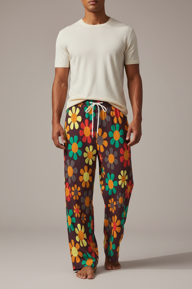 Pantalon Fluide Imprimé Floral Marron Rétro Ample Cordon - Viscose