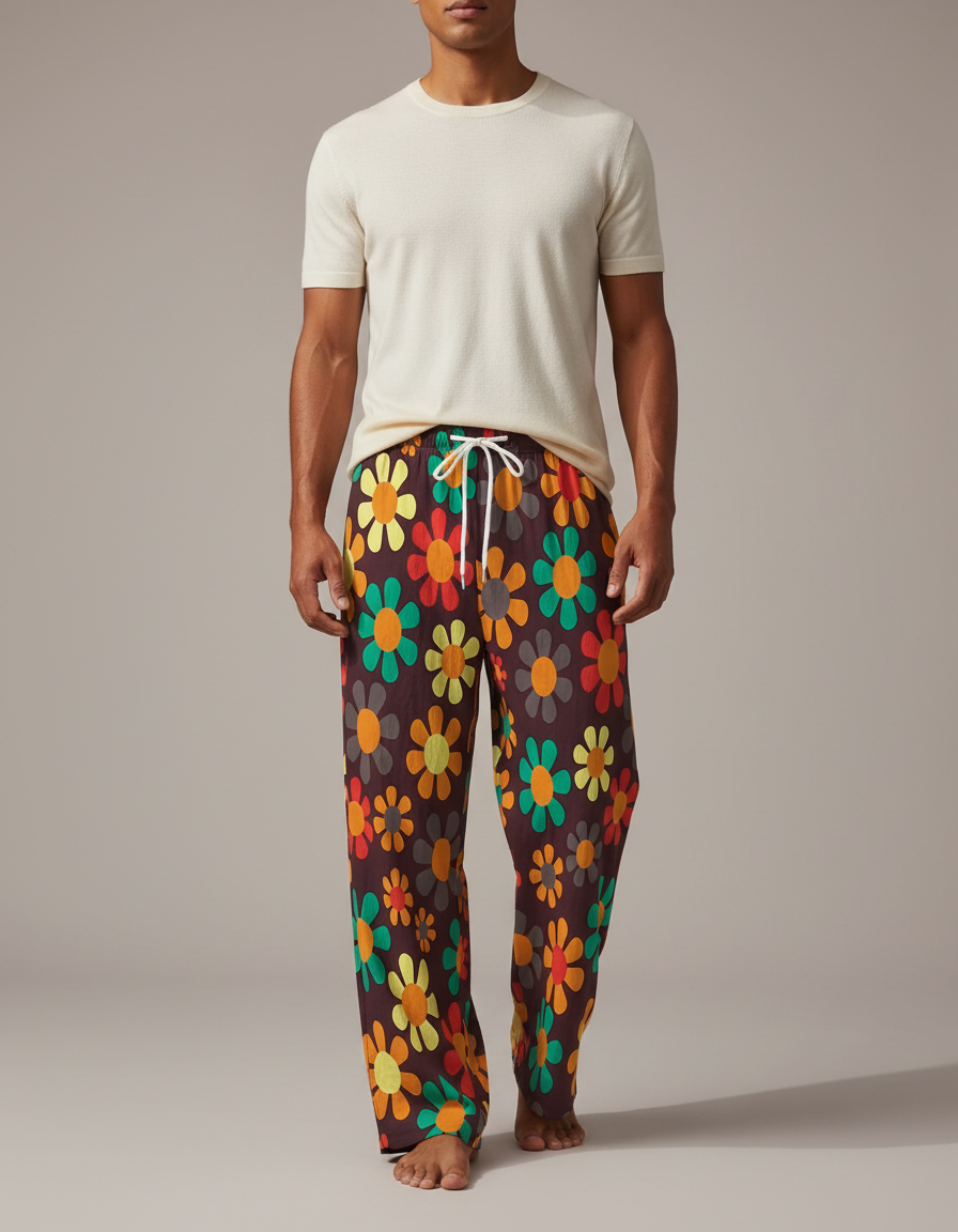 Pantalon Fluide Imprimé Floral Marron Rétro Ample Cordon - Viscose