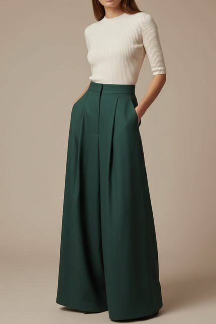 Pantalon Fluide Émeraude Ample Plissé Élégant Femme - Vert Polyester