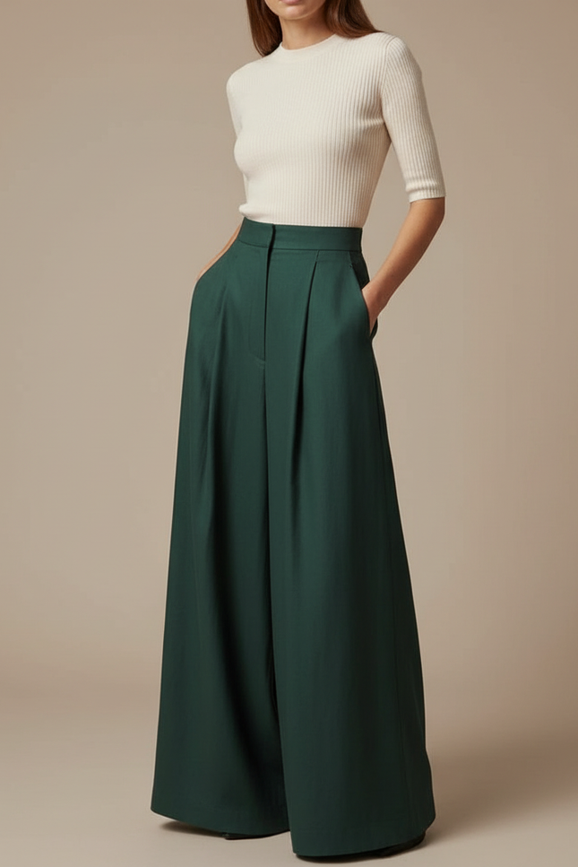 Pantalon Fluide Émeraude Ample Plissé Élégant Femme - Vert Polyester