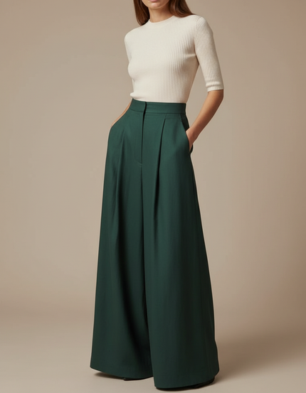 Pantalon Fluide Émeraude Ample Plissé Élégant Femme - Vert Polyester