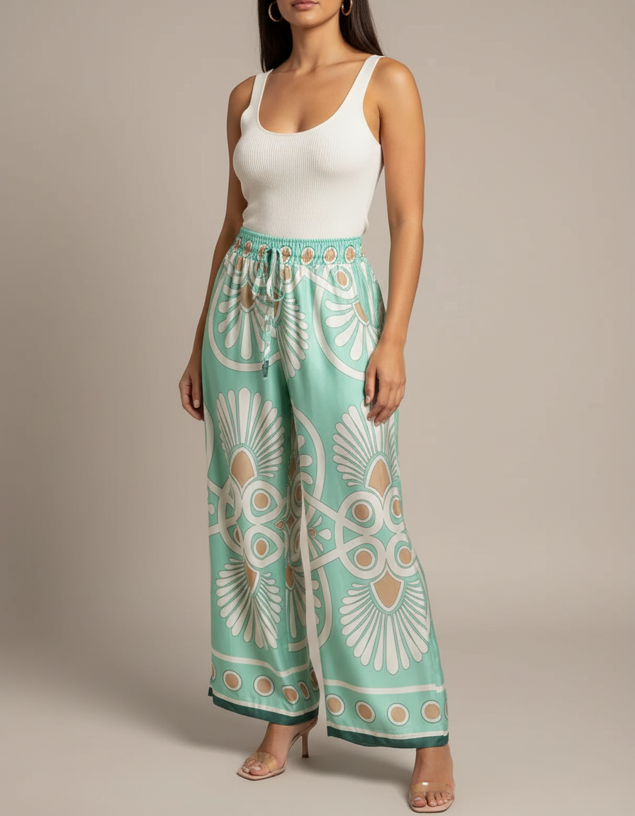 Pantalon Fluide Vert Menthe Satin Motif Géométrique Femme