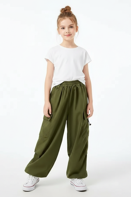 Pantalon Fluide Cargo Vert Ample Décontracté Enfant - Kaki Viscose