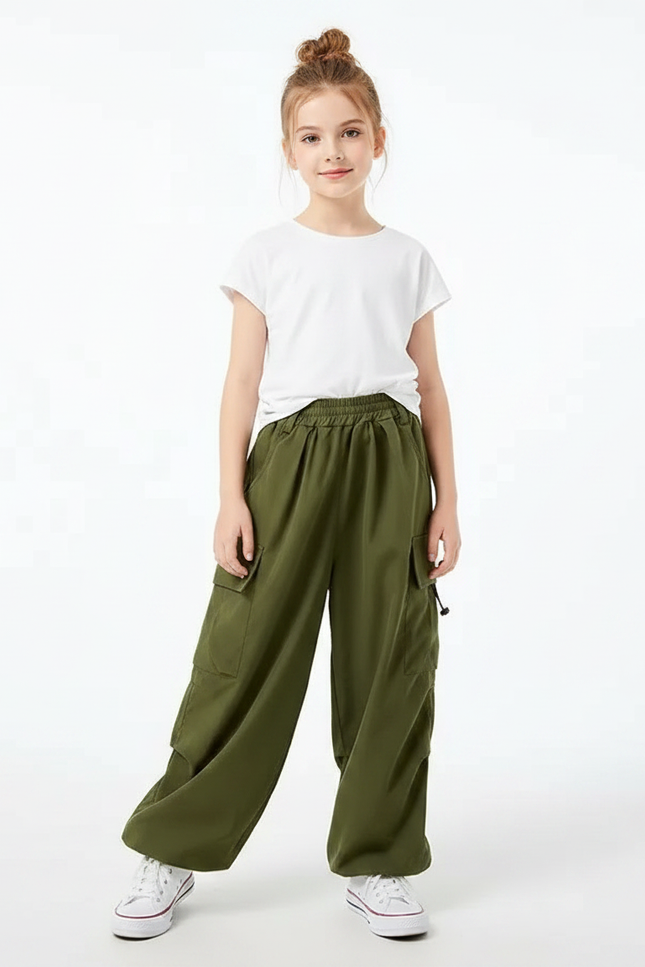 Pantalon Fluide Cargo Vert Ample Décontracté Enfant - Kaki Viscose