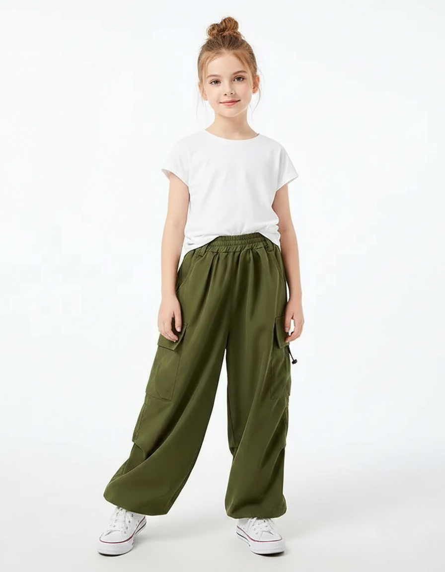 Pantalon Fluide Cargo Vert Ample Décontracté Enfant - Kaki Viscose