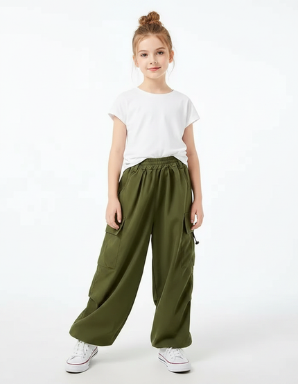 Pantalon Fluide Cargo Vert Ample Décontracté Enfant - Kaki Viscose