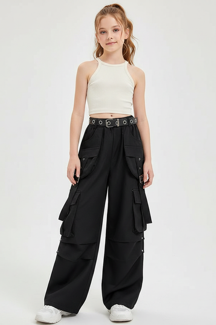Pantalon Fluide Noir Cargo Ample Ceinture Fille - Gabardine