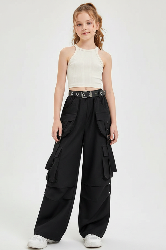 Pantalon Fluide Noir Cargo Ample Ceinture Fille - Gabardine